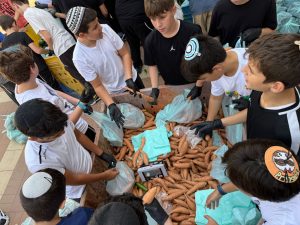 בני נוער מסייעים באריזה של ירקות לחלוקה